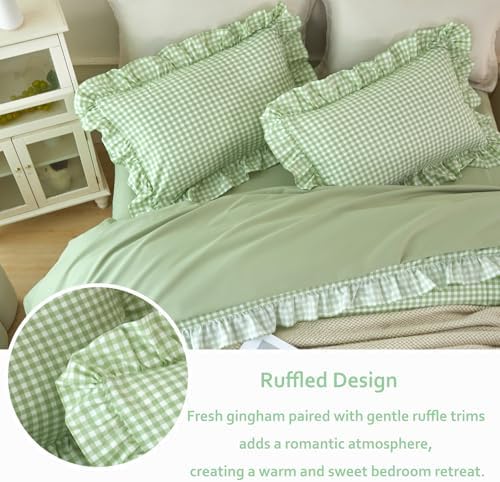 Green Gingham Bedding Set Queen 5 Pieces Ruffle Grid Comforter Set - Image 4