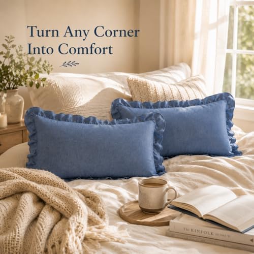 JoraLion Ruffled Throw Pillow Cover 12x20 Solid Dark Blue - Image 2