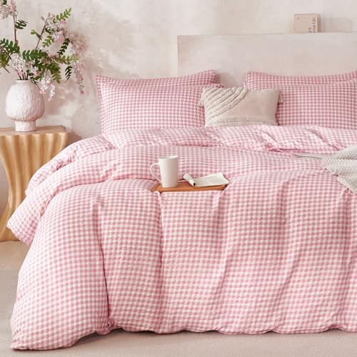 Pink Comforter Set Queen Size Grid 100% Soft Washed Microfiber Jacquard 3 by BUPIRD