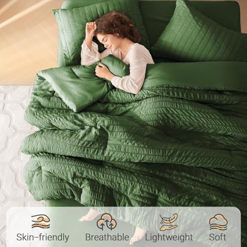 MUXHOMO Twin XL Comforter Set 5 Pieces, Seersucker Bed in a Bag, Dark Green - Image 2