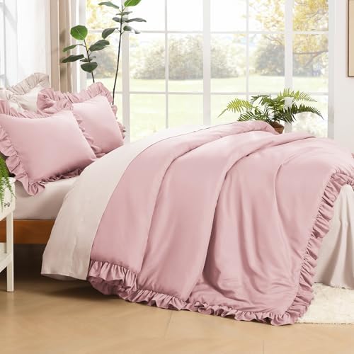 Litanika Full Comforter Set, 3 Pieces Grayish Pink Ruffle Bedding Set - Image 3
