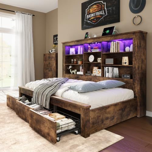 Jocisland Twin Bed Frame Bookcase Headboard, USB/LED＆3 Drawers, Rustic Oak by Jocisland