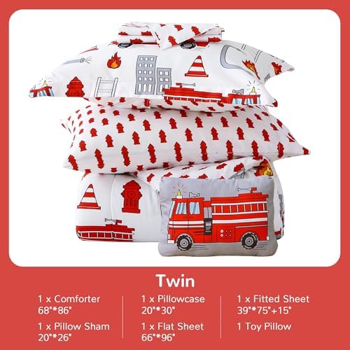 Kids Twin Comforter Sets for Boys 6 Pieces Fire Truck White Bedding Set for - Image 6