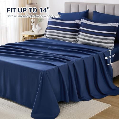 Dobuyly Navy Blue Queen Comforter Set 7 Pieces, Boho Striped Bed in a Bag Queen - Image 6