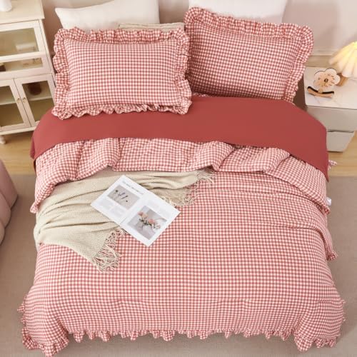 Red Gingham Queen Comforter Sets 5 Pcs Vintage Ruffled Bedding Set - Image 3