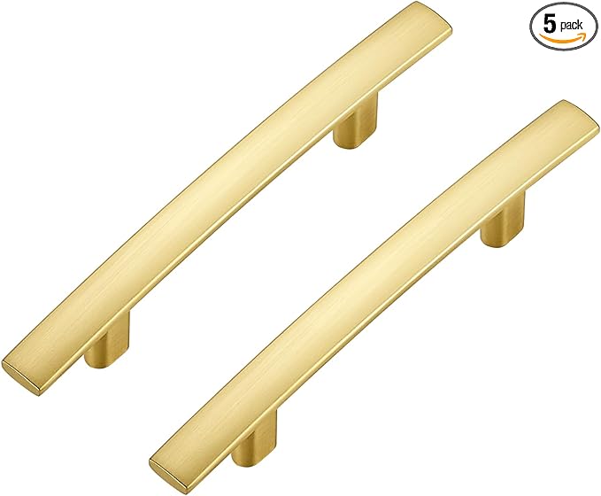 5 Pack Cabinet Handles 3" Hole Center - Curved Cabinet Pulls Brushed Brass Drawer Pulls for Kitchen Cupboard Solid Handles for Dresser Drawer Arch Closet Hardware