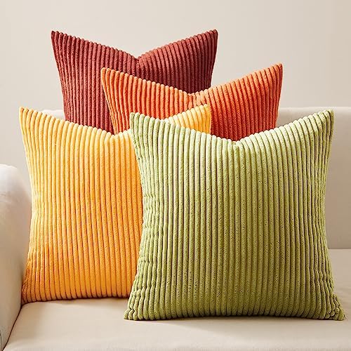 Topfinel Fall Burnt Orange Throw Pillow Covers 16x16 Set of 4, Corduroy Striped by Topfinel