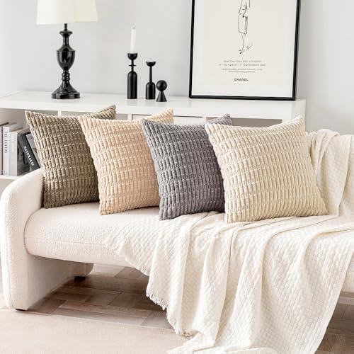 MIULEE Pack of 4 Corduroy Throw Pillow Covers 18x18 Inch Beige and Brown - Image 5