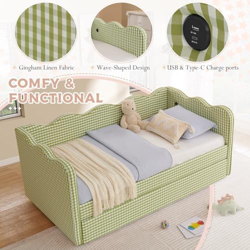 Twin Size Daybed with Pop Up Trundle, Linen Gingham Twin to King Daybed with - Image 5