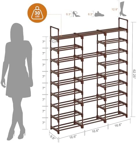 WOWLIVE 9 Tier 3-Column Shoe Rack, 50-55 Pairs Stackable Brown - Image 3
