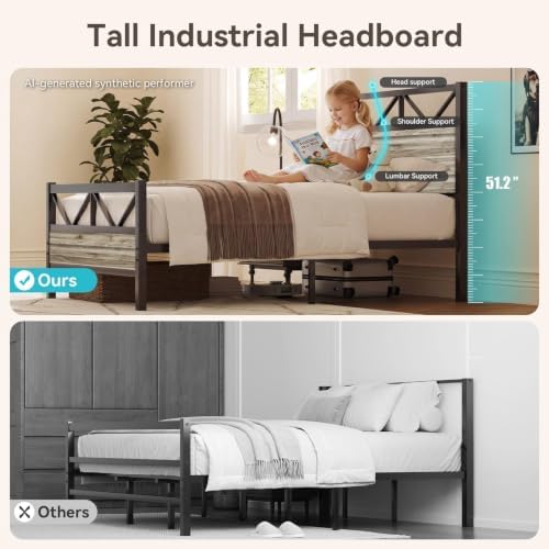 Twin Size Bed Frame with 51.2'' Tall Headboard, Wash Grey - Image 3