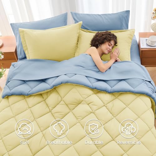 MUXHOMO Queen Comforter Set 7 Pieces, Light Yellow/Light Blue - Image 6