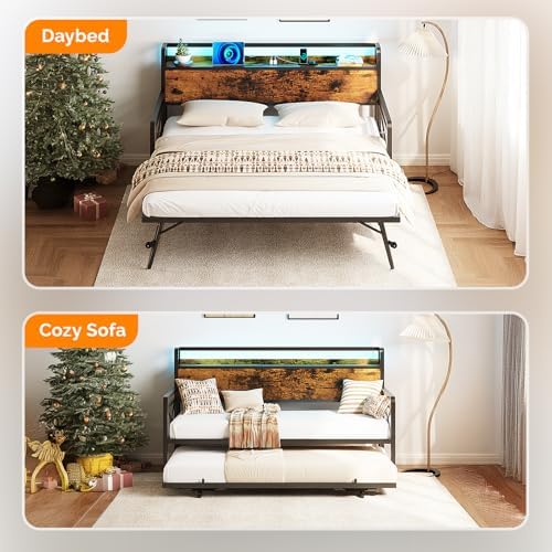 VINGLI Twin Daybed with Pop Up Trundle, USB Charging Port, Industrial Brown - Image 4