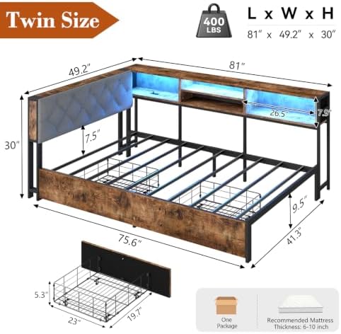 Twin Corner Bed Frame with Storage Drawers, Charging Station, LED Lights - Image 3