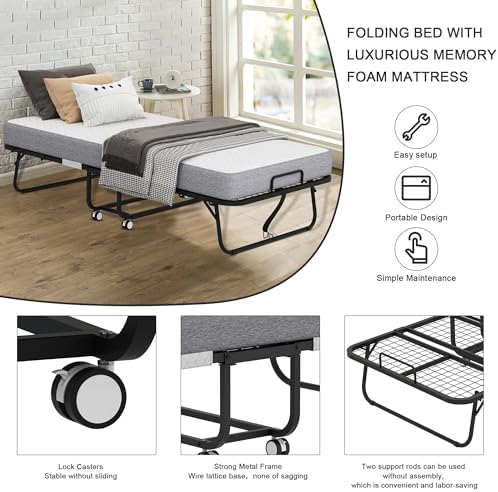Folding Bed with 5" Memory Mattress, Roll Away Foldable Beds on Wheels - Image 3