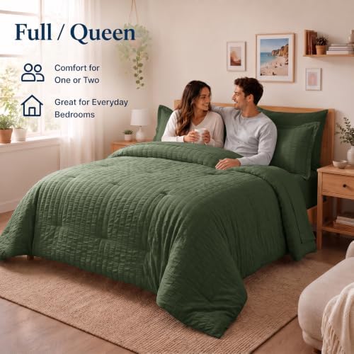 CozyLux Full Comforter Sets, 7 Pieces Olive Green Seersucker Bed in a Bag - Image 6