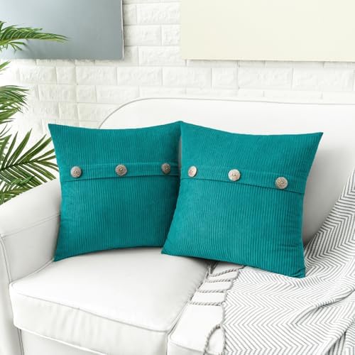HWY 50 Teal Chenille Throw Pillow Covers 16x16 Inch Buttons Pack of 2 - Image 5