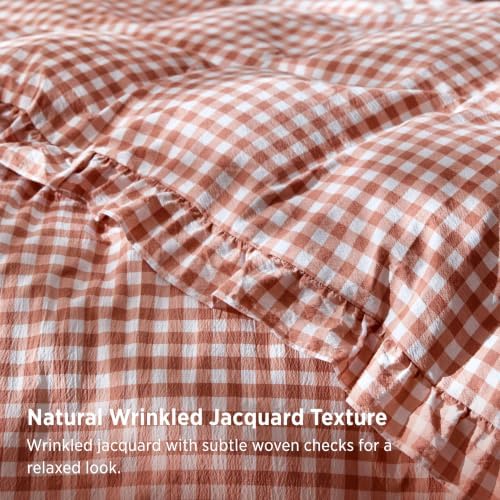 Bedsure Gingham Ruffle Duvet Cover Set, Cotton-Like Bed, Terracotta - Image 4