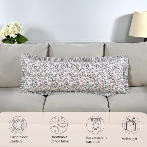 Ridhi Brown Meadow Vine Block Print Ruffle Pillow Sham 36x14 Inch Set of 1 - Image 6