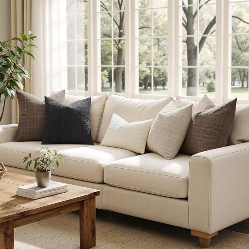 MIULEE Linen Plaid Pillow Covers Fall Decorative 18x18 Brown - Image 4