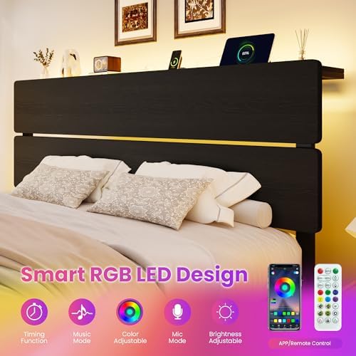 SHA CERLIN King Size Bed Frame, Led Light, Charging Station, Storage Shelf - Image 5