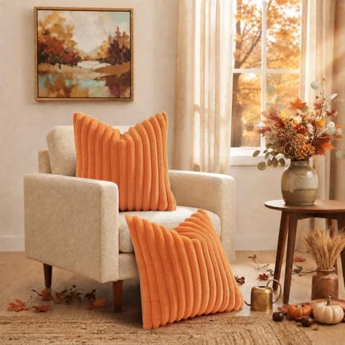decorUhome Fall Faux Fur Throw Pillow Covers 24x24 Set of 2 Pumpkin Orange - Image 2