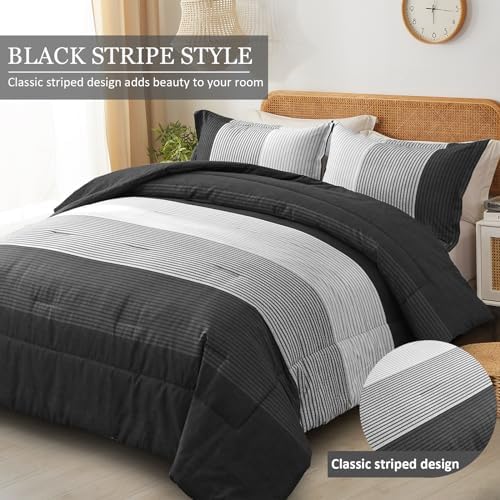 WONGS BEDDING Black Comforter Set Full, Reversible Black Grey Stripe Down - Image 2
