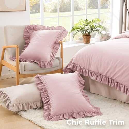 Litanika King Comforter Set, 3 Pieces Grayish Pink Ruffle Bedding Set - Image 5