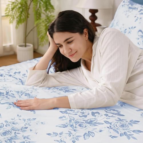 Andency Floral Comforter Full Set, 7 Pieces Blue Rose Flower Bedding Set - Image 4