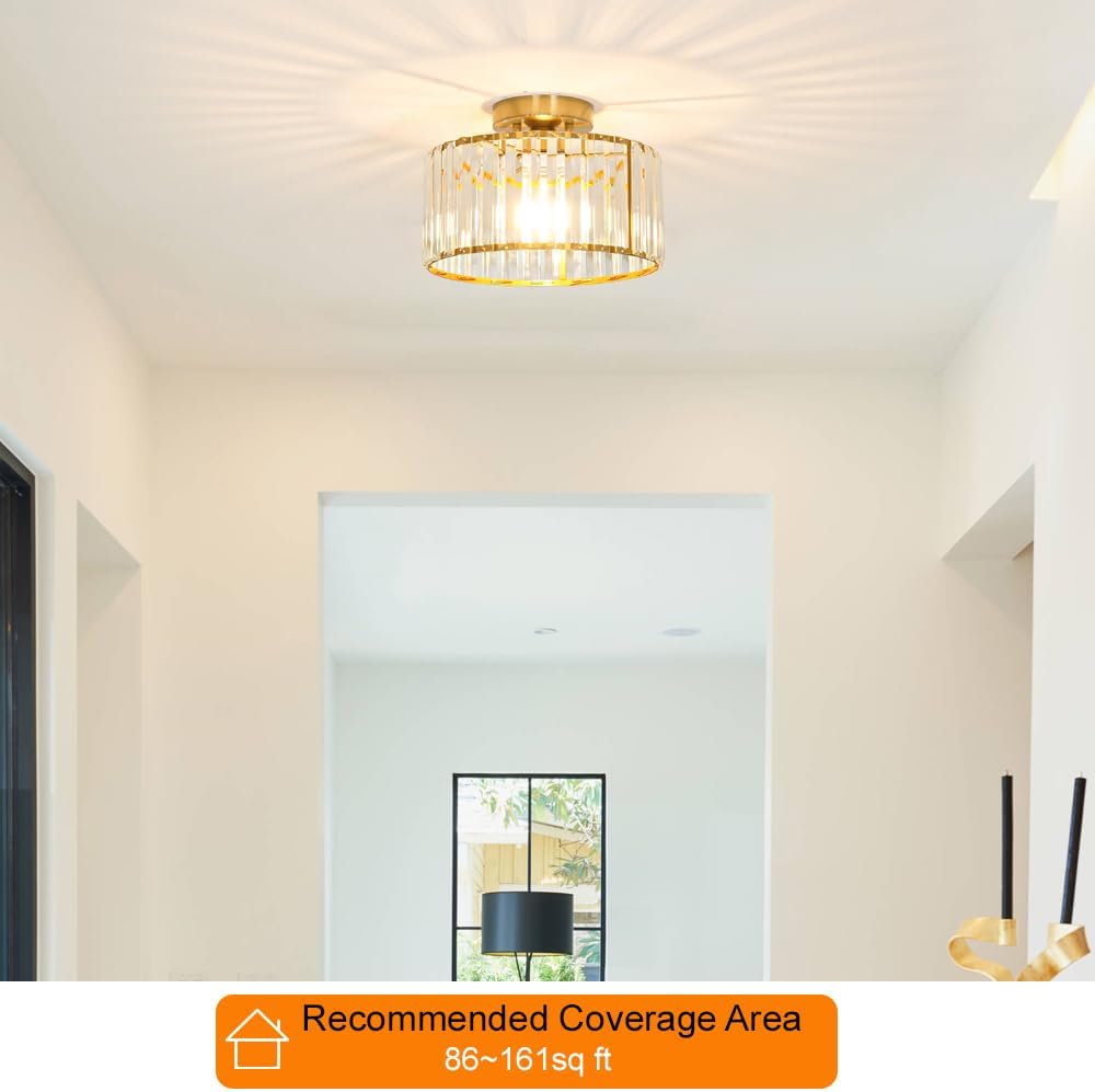 Crystal Ceiling Light Fixture, Modern Semi Flush Mount Ceiling Light, Gold Hallway Lighting Fixtures Chandelier for Kitchen, Close To Ceiling Light Fixtures for Entryway Bedroom, 1-Light, 11Inch