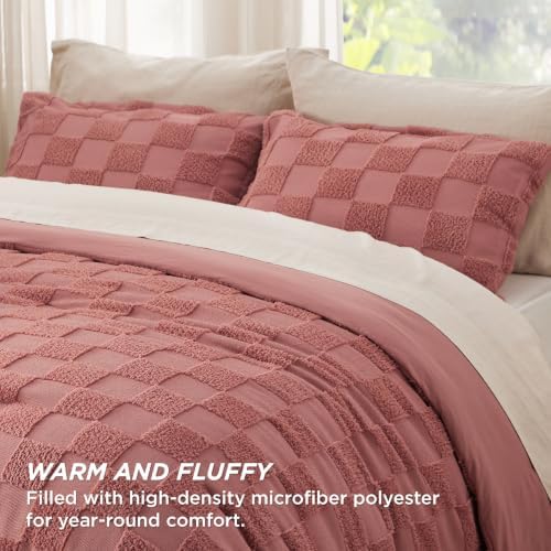 Bedsure Grayish Pink Comforter Queen Set, Boho Soft Plaid Bedding Set 3 Pcs - Image 3