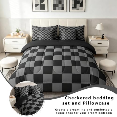 Checkered Retro Comforter Set Full Size 7 Pieces Black Grey Plaid Bedding Set - Image 4