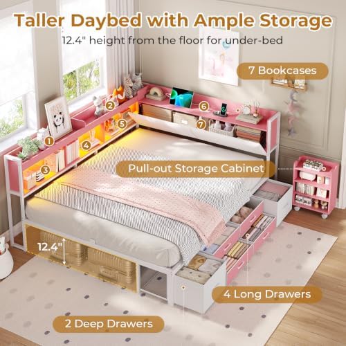 Corner Full Bed Frame with Pull-Out Cabinet/Bookcase/Headboad Storage - Image 4