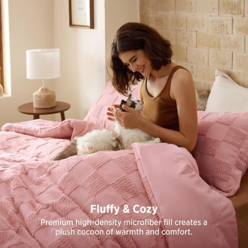 Bedsure California King Comforter Sets Pink, Boho Plaid Bedding Set 3 Pcs - Image 3