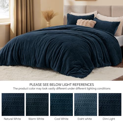 ChiXpace Fleece Full Size Comforter Set Navy, Fluffy Bed Set 3 Pieces - Image 4