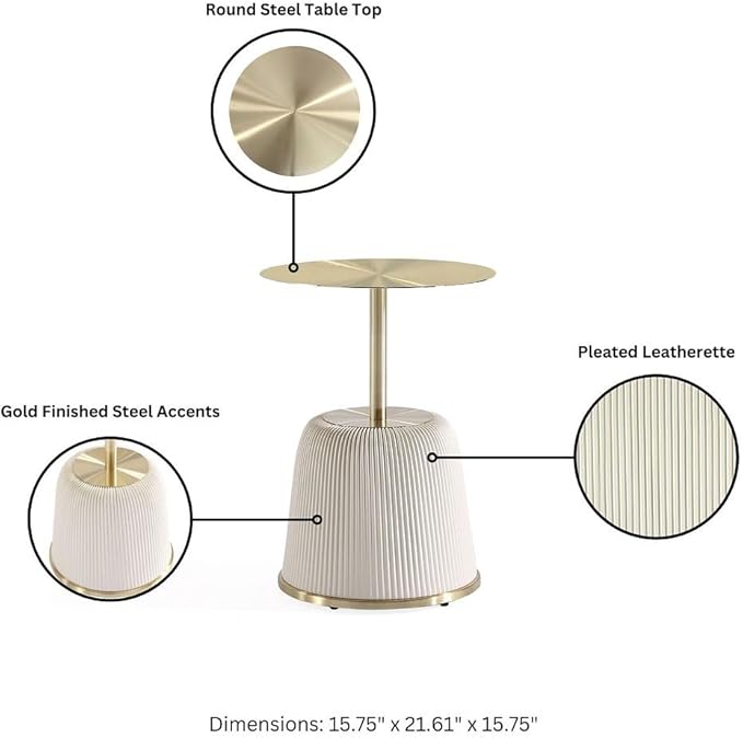 Manhattan Comfort Anderson Modern 15.75" Round End Tables 1.0 - Elegant Leatherette Upholstered Base with Pleated Design & Gold Steel Tabletop, Fully Assembled Accent Furniture, Set of 1, Cream