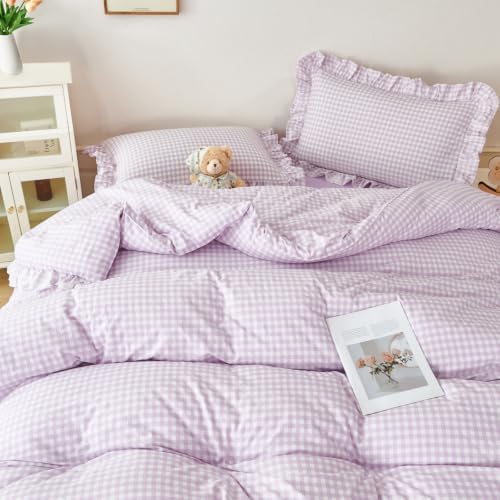Full Gingham Comforter Set 5 Pieces Purple Ruffled Bedding Sets - Image 2