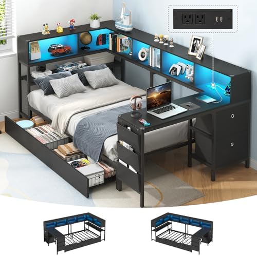 Twin Corner Bed with Desk and Storage Bookcase, Daybed with 2 Drawers & 2 by Hasuit