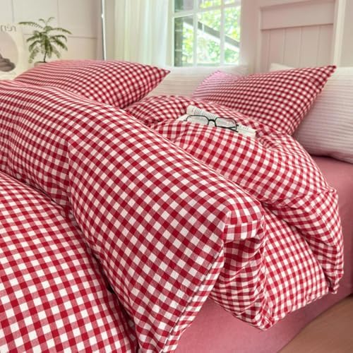 LifeTB Queen Comforter Set Red Gingham Comforter Modern Style Plaid Boho by LIFETB