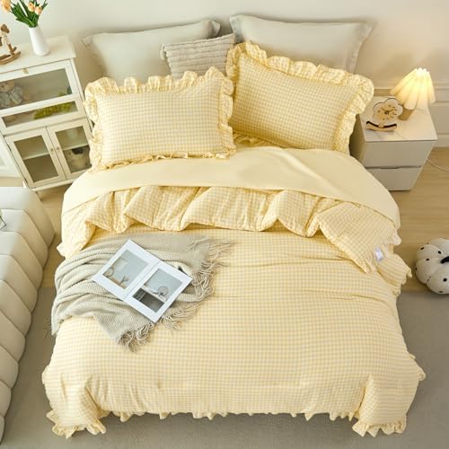 5 Pcs Gingham Bedding Set Queen Yellow Ruffle Comforter Sets - Image 3