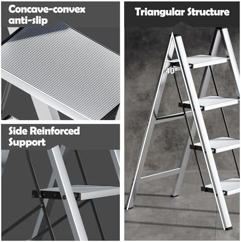 Taranta 4 Step Stool Foldable, Aluminum Step Ladder-Sliver - Image 2