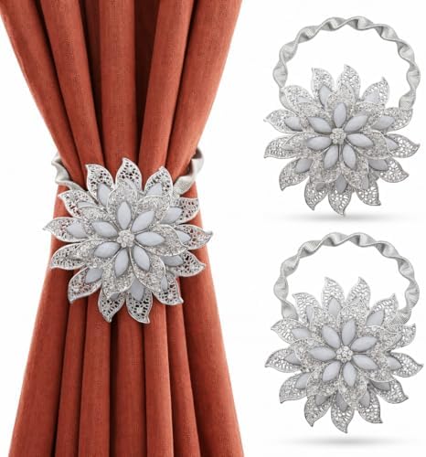 2PCS Magnetic Curtain Tiebacks Decorative Crystal Flower Shape Window Curtain by Mikomer