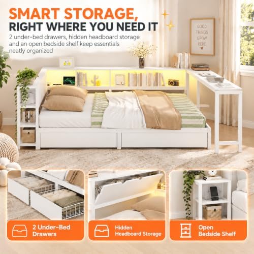 Queen Corner Bed Frame with 2 Storage Drawers, Bookcase & Desk - Image 3
