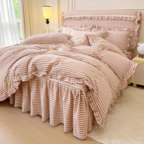 LifeTB Pink Gingham Comforter Set Full Ruffle Pink Plaid Comforter Set 3 Pieces - Image 3