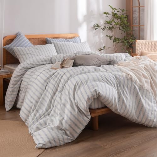BESTOUCH Striped Cotton Duvet Cover Set Linen Feel Oversized Full - Image 5