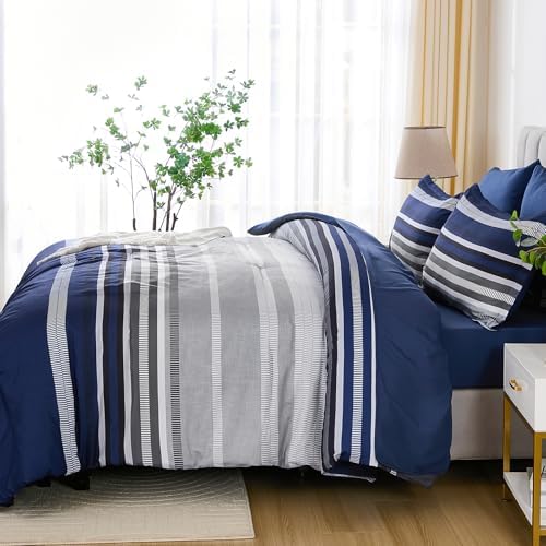Dobuyly Navy Blue Queen Comforter Set 7 Pieces, Boho Striped Bed in a Bag Queen - Image 4