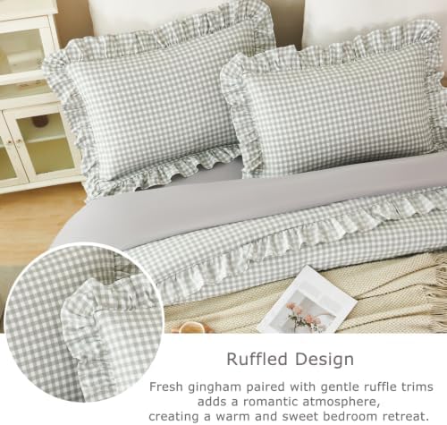 5 Pcs Gray Gingham Comforter Sets Full Size Ruffle Bed in a Bag - Image 4