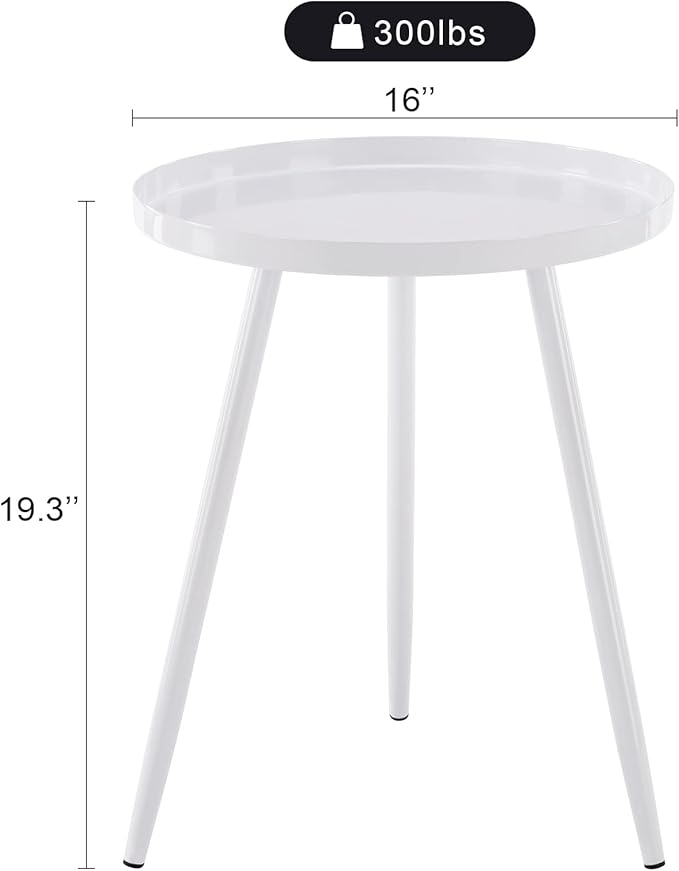 Apicizon 16" Round Side Table, White End Table for Living Room, Bedside, Mid Century Modern Coffee Table or Circle Accent Table for Small Spaces, Metal Nightstand (White)
