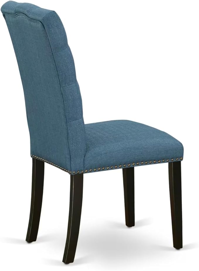 East West Furniture V677EL121-7 7 Piece Modern Dining Table Set Consist of a Rectangle Wooden Table with V-Legs and 6 Blue Linen Fabric Parson Dining Chairs, 40x72 Inch, Multi-Color