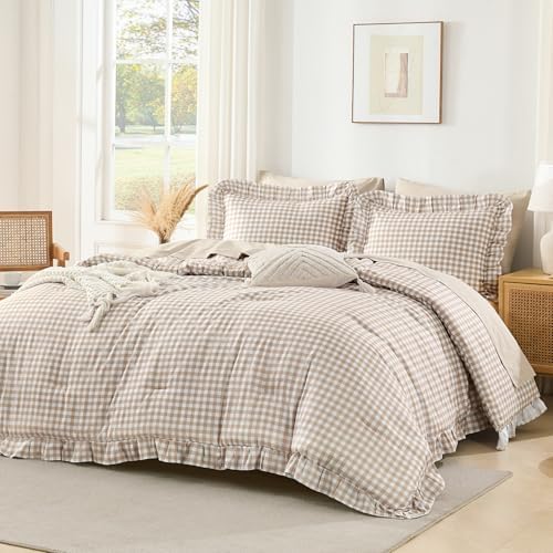 Andency Tan Gingham Ruffle Comforter King, 3 Pieces Vintage Bedding - Image 3